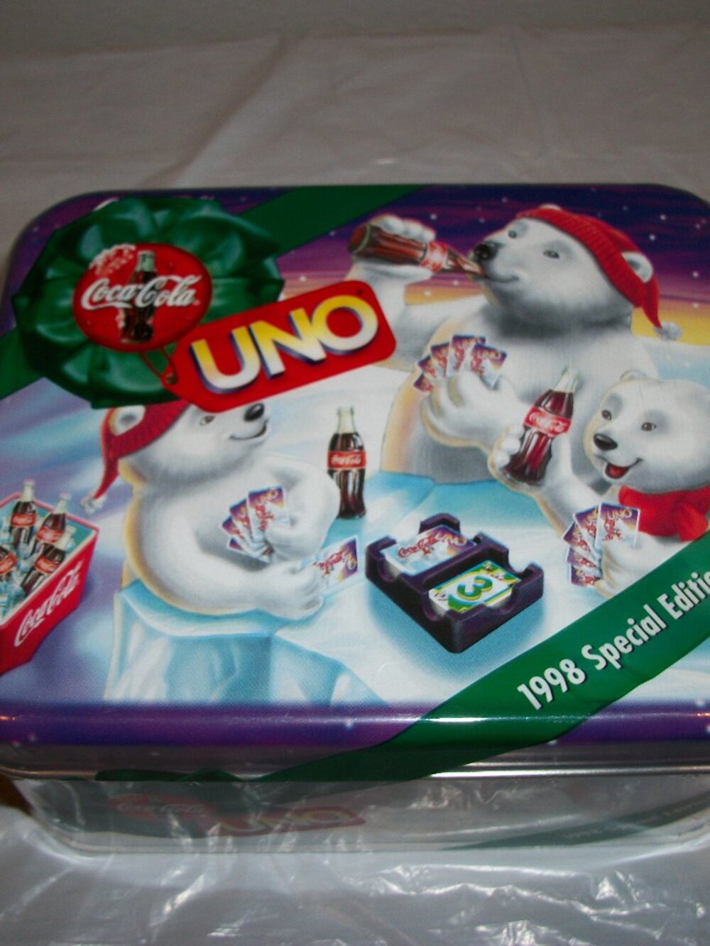 Vintage 1998 Coca-Cola Polar Bears Sealed UNO Card Game in Coke Collector's Tin